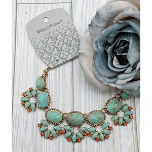 NWT World Market Gold Tone Seafoam Green & Coral Bib Collar Necklace 20"